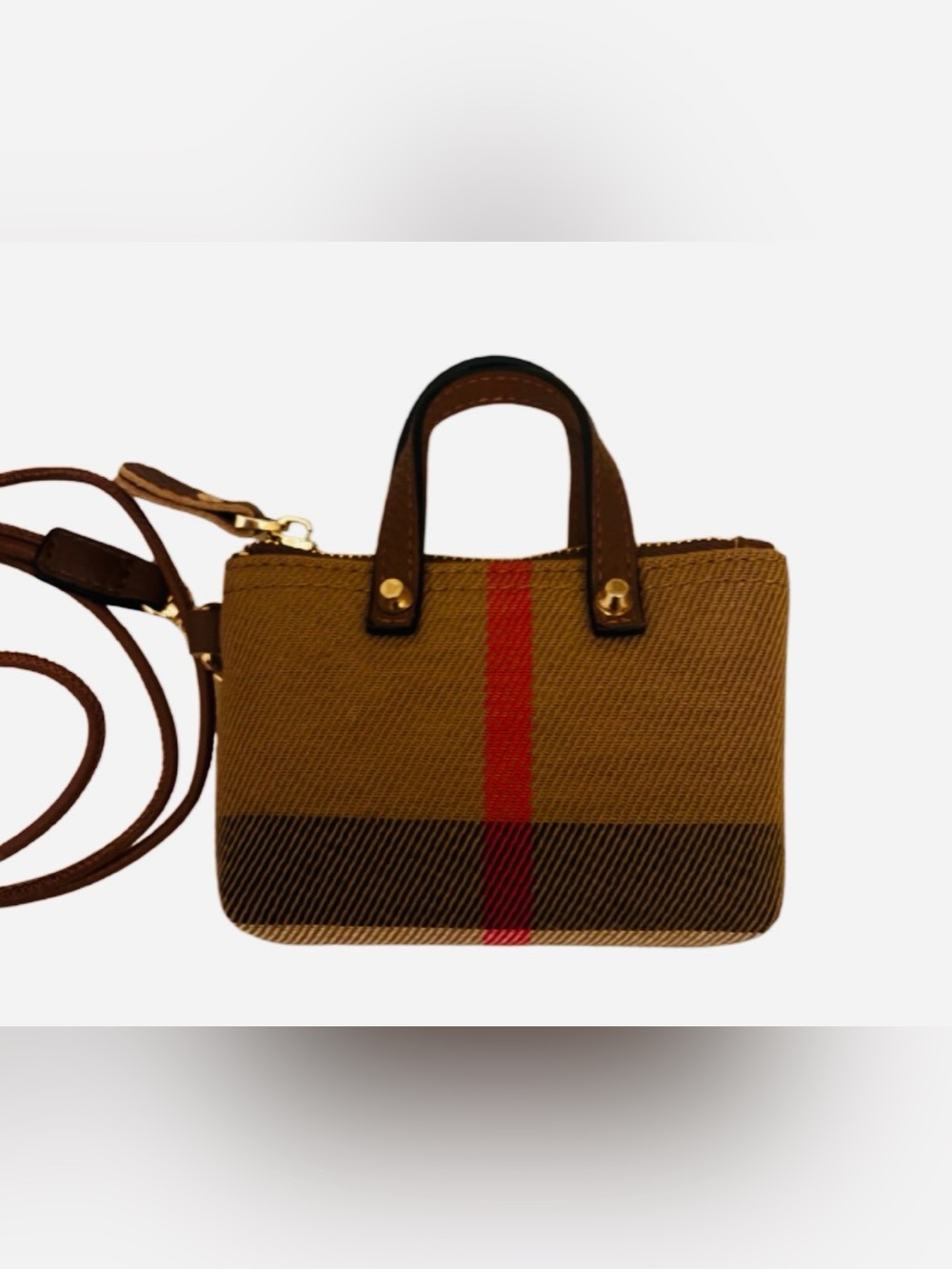 Micro Brown Canvas Tote with Red Stripe and detachable strap